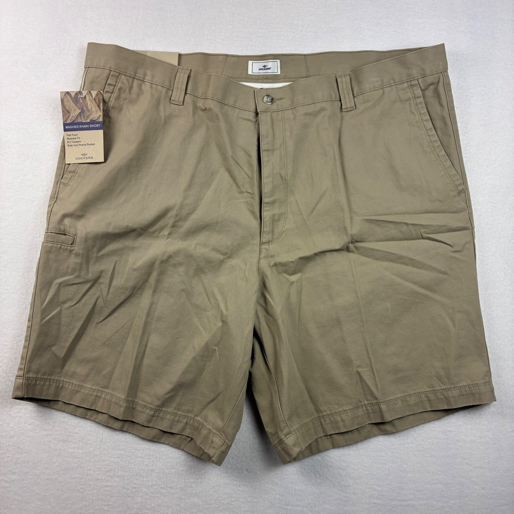 Dockers Washed Khaki Short Mens 44 Tan Relaxed Fit Flat Front Cotton Casual New